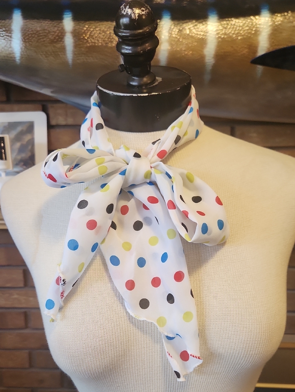 White Polka Dot Neck Scarf with Multicolor Dots Vintage Semi Sheer